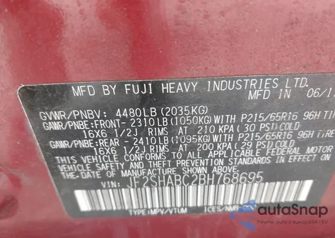 2011 Subaru Forester 2.5X from USA, damaged, VIN JF2SHABC2BH768695